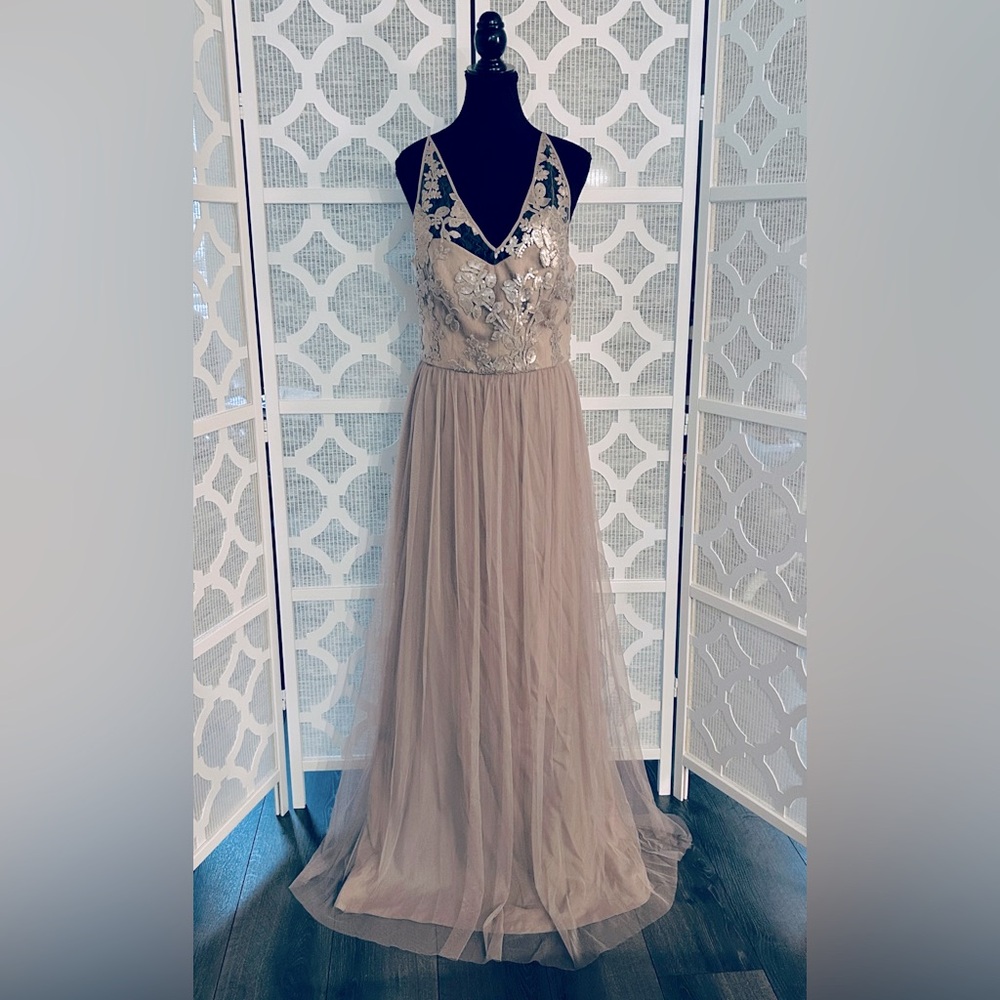 NWT SZ 10 AMSALE Formal Dress Sequins Lace Tulle Maxi Latte Taupe Sora Champagne - Picture 2 of 12
